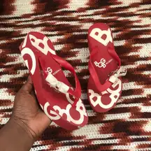 Y2K BCBG Red Mcbling Monogram Flip Flop Sandals Shoes Flats Platform Chunky Wedges Lug Sole Thong Slippers