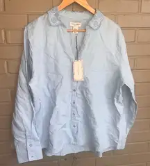 NWT Vintage Laura Ashley Linen Large Cuff Embroidered Collar Button Down Top