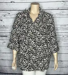 Maggie Barnes Size 3X 26/28W Tan & Black Animal Print Button Up Blouse Top