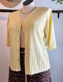 Vintage 90s Pale Yellow Beaded Woven Knit Short Sleeve Cardigan Sweater Size XL