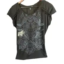 Fox Racing Girls Top Large Black Graphic Print Biker Motocross Logo Skull Grunge