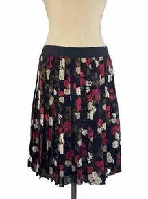Nine West Women Silk Pleated Floral A Line Skirt Size 6 Black Red Side Zip Lined