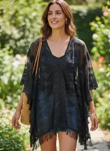 Solitaire Swimsuit Cover Up Women Black Crochet Lace Sheer Mesh Fringe T…