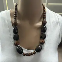 Women's Brown Wood Chunky Bead Boho Hippie Silver Accent Necklace