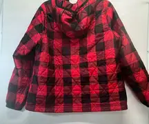 SOLD: L.L. Bean Half ZIP Buffalo Print Hooded Jacket L Petite Red/Black PREOWNED