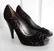 D&G Dolce & Gabanna Brown Black Leopard-Print Velvet Peep Toe Pumps