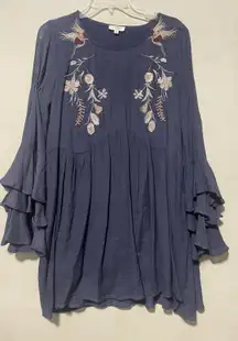 UMGEE Blue  Embroidered  Boho Bell Sleeve Crew Neck Women's Size M Shift Dress