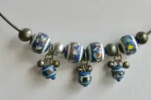 Vintage Choker Necklace Millefiori Bead Collar Blue White Murano Style Boho