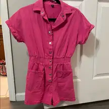 Vibrant Pink Collared Jumpsuit with Elastic Waist