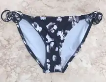 Gray and White Floral Printed  Side Tie Bikini Swim Bottoms