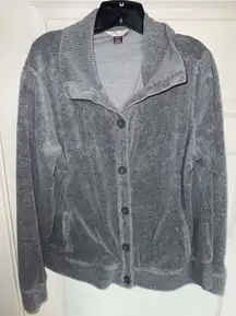 Cozy Grey Velour Button-Up Cardigan Sweater Jacket Casual White Stag Size XXL‎