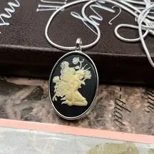 Fairy Cameo Pendant Oversized Oval Floral Stainless Steel Necklace 20” 18x25mm