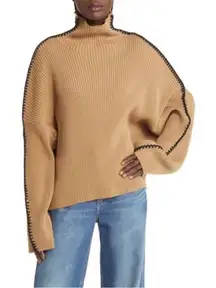 Rag & Bone Tan Ally Ingrid Whipstitch Detail Mock Neck Sweater in Khaki XS