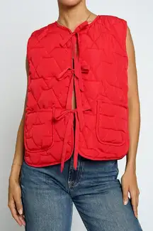 Sans Souci Red Padded Puffed Vest Tie Front Winter Small Casual Outdoor Coquette