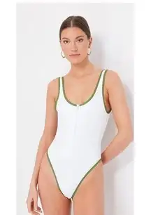 WeWoreWhat White/Green Zip Front One Piece Swim Suit Women's size medium X1240