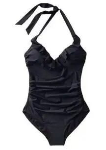 Boden USA Boden Trapani One Piece Swimsuit Ruffle Plunge Neckline Sz 10 Black S0019