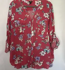 a.n.a Coral‎ Floral Size PXXL Button Down Shirt Top Long Roll Tab Sleeve Pockets