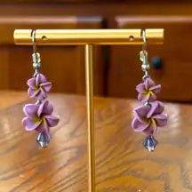 Purple Floral & Crystal Earrings Dangle Luau Hawaii