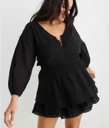 Aerie Rock 'N' Ruffle Mini Dress Black Long Sleeve Boho Smocked Lace Size XL