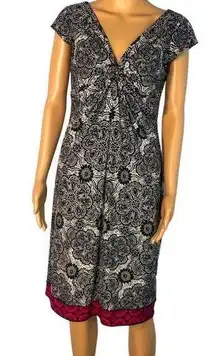 London Style Black White Medulla Cap Sleeve V Neck and Back Midi Dress Womens 10