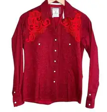 Panhandle Rough Stock Womens Western Shirt Red Embroidery Long Sleeve Pearl Snap