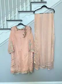 Original agha noor 2 Piece Heavily Embroidered Chiffon Shirt With Dupatta