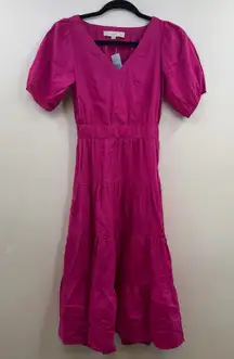 LOFT Midi dress hot vibrant pink short puff sleeves V-neck Open back cutout XSP