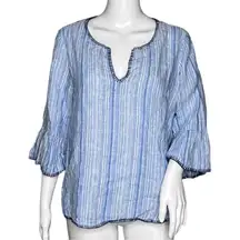 Artisan NY Shirt Womens Large‎ Blue White Stripe Linen Bell Sleeve Boho Peasant