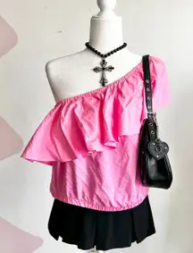 Pink One Shoulder‎ Ruffle Top, Coquette, Y2K, Soft Girl, Cottagecore, Medium