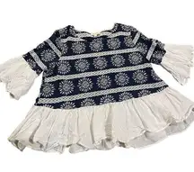 Velzera navy blue & white embroidered eyelet blouse with ruffle bottom hem & sle