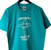 Vintage 90s Trinity Presbyterian Church T Shirt Blue Large L Single Stitch Solid