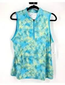 NWT 18 Birdies Womens Sleeveless Palm Leaf Print Athletic Top Blue Yellow Medium