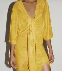 Zara Floral Jacquard Knotted Bodysuit Sz S in Gold Flowy Sleeves Snap Buttons