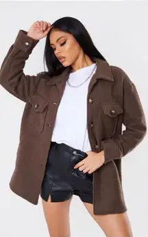 NWT PrettyLittleThing Brown Brushed Longline Button Up Shirt Shacket 12