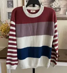 Cozy Striped Knit Sweater Women’s Large Burgundy White Blue Long Sleeve Pullover