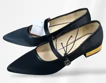 Liz Claiborne Black Satin Pointed Toe Mary Jane Flats with Gold Heel Memory 8.5