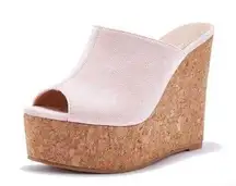 LAICIGO Wedge Platform Slide on Sandals Open Toe Cork Faux Suede Womens 9.5 New