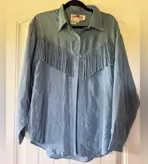 Blue Fringe Vintage Button-Up Silk Shirt