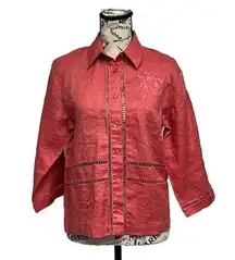 Jordan Coral Pink Button Up Linen 3/4 Blouse Modest Mature Beach Coastal M Boho