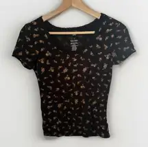 Y2K Baby Tee Floral Grunge Vintage Look Black Floral Girly Crop Scoop T-Shirt XS