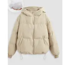 Cider Womens Beige Hooded Puffer Jacket Warm Winter Coat With Front Zipper Fully