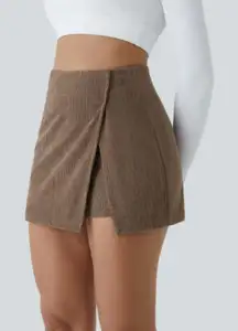 NWT Halara High Waisted Back Zipper Hem 2-in-1 Corduroy Skirt, Brown | Medium