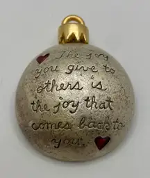 Signed AJMC Pewter Christmas Ornament Brooch with Red Hearts & Quote
