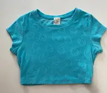 Offline by Aerie Blue Terry Crop Top | Smiley Embossed Short Sleeve Tee XS