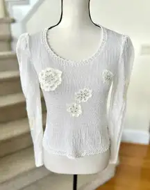Vintage Y2K Semi Sheer White Knit Lace Rhinestone Flower Applique Sweater