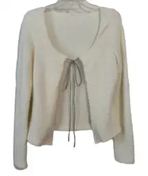 Women's White Fuzzy Cardigan Size M Silver Rhinestone Sparkle Bow Tie