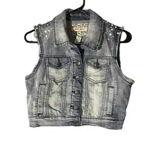 Hot Kiss Blue Denim Beaded Distressed Trim Jean Cropped Vest Women SZ S