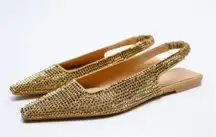 Zara Sparkly Slingback Gold Pointed Toe Rhinestone Flats Size 39