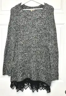 Gibson + Latimer Black White Marled Knit Lace Trim Tunic Sweater Dress Size M