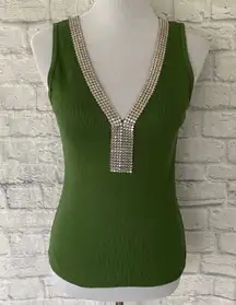 Passport women L 100% cotton vcut ribbed tank top w/rhinestone embellishment green 